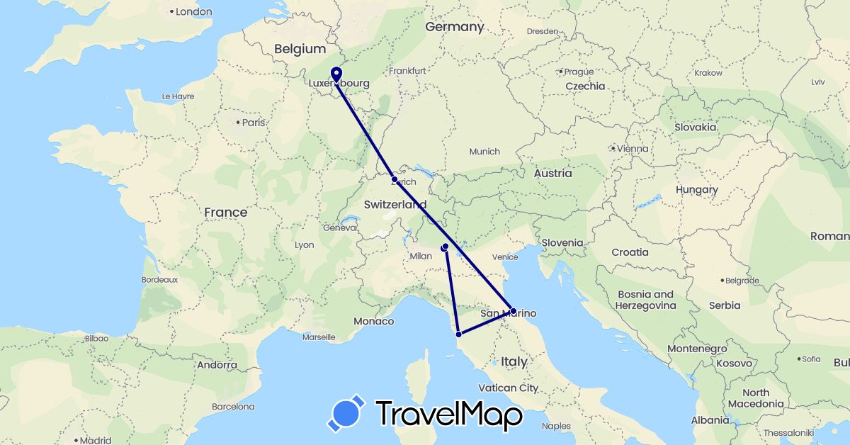TravelMap itinerary: driving in Switzerland, Italy, Luxembourg (Europe)
